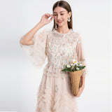 Diynav Elegant Dress Woman 2025 French Heavy Industry Embroidered Flower Net Folded Pongy Over Knee Dress