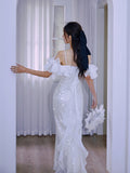 Diynav Dress 2024 New Fine Shiny Piece Shoulder Dress Fishtail Dress Three-Dimensional Lotus Bra Little Dress