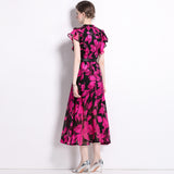 Diynav Knee Dress Women's Summer 2024 Temperament Lotus Leaf Sleeve Fashion Waist Thin Print V-Neck Dress