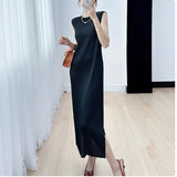 Diynav Fish Squid Folding Vest Dress Women's Summer Temperament Simple Embody Sleeveless Over The Knee Wrinkle Open One-Step Skirt