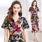 Diynav Banquet Famous Wind V-Neck Bubble Sleeves Body-Brace Hip Three-Dimensional Flower Lace Dress