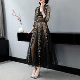 Diynav V-Neck Heavy Industry Embroidery Mesh Perspective Big Swing Dress Black Dress Women Spring And Summer 2024