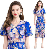 Diynav Banquet Famous Wind V-Neck Bubble Sleeves Body-Brace Hip Three-Dimensional Flower Lace Dress