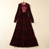 Diynav Hollow Embroidered Long-Sleeved Wine Red Velvet Princess Dress Dress Autumn And Winter Women's Dress New 2025