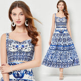 Diynav Blue And White Porcelain Printing Spliced Three-Dimensional Breast Sling Sling Sling Belt + Half-Dress Two-Set Female (With Chest Cushions)
