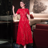Diynav Industry Drill Round Lace Hook Flower Big Swing Waist Red Blue Short-Sleeved Dress Spring And Summer Women's Dress 2025