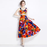 Diynav Summer New Women's Retro Sleeveless Short-Wrapped Breast Sling + Printed High-Rise Half-Dress Two Sets