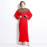 Diynav Senior Sense Of The Famous Fan Heavy Industry Nail Bead Dress Temperament Sister Fan Lantern Sleeves Loose Long Skirt