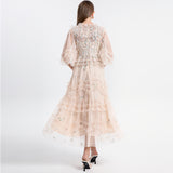 Diynav Elegant Dress Woman 2025 French Heavy Industry Embroidered Flower Net Folded Pongy Over Knee Dress