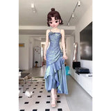 Diynav Dress New French Masquein Blue Hanging Dress Female Summer At-Aug Princess Birthday Dress