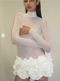 Diynav Sexy Mesh Perspective High-Necked Long-Sleeved Dress Dress Body High-End Temperament Floral Dress Dress Dress Woman
