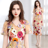 Diynav Banquet Famous Wind V-Neck Bubble Sleeves Body-Brace Hip Three-Dimensional Flower Lace Dress
