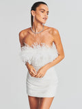 Diynav Cross-Border Women's Sexy Bareback Ostrich Hairy Twilight Dress Temperament Squints