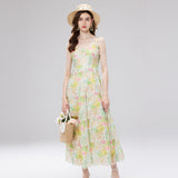 Diynav Court Wind Shattered Flowers Hanging Dress Women's Summer Net Yarn Hollow Waist Design Chic Dress