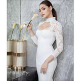 Diynav Hanging Neck Lace Dress Wish Burst Banquet Bandage Dress Autumn And Winter Long Sleeves