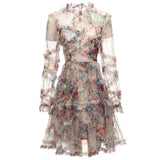 Diynav Industry Lotus Leaf Side Sexy Perspective Apricot Print Long-Sleeved Short Dress New Women's Clothing Early Autumn 2024