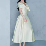Diynav Niche Design Shoulder Bow Design Feel Dress To The Waist Of The Thin Swing Dress 100-Fold Dress Dress