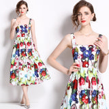 Diynav Dress 2024 Summer Vacation House Cotton Yellow Rose Print Big Swing Princess Fairy Mid-Long Dress