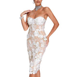 Diynav Lace Three-Dimensional Flowers Decorated With White Sexy Thoracic Dress Light Luxury Dinner Dress