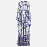 Diynav Court Style Collar Horn Long Sleeves Loose Blue And White Porcelain Print A-Word Skirt