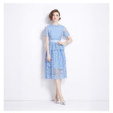 Diynav Court Style Temperament Short-Sleeved Round-Neck Waist Thin A-Word Hook Lace Dress Elegant Dress