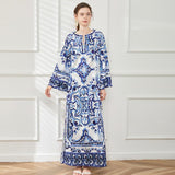 Diynav Blue And White Porcelain Printed Dress Women Summer Seaside Beach Dress Loose Meat Cover Sunscreen Open Fork Dress