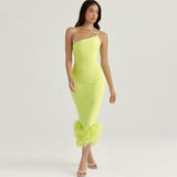 Diynav Women's Green French Sling Dress Women's Ostrich Hair Splicing Temperament High-End Thin Sling Skirt