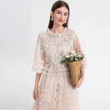 Diynav Elegant Dress Woman 2025 French Heavy Industry Embroidered Flower Net Folded Pongy Over Knee Dress