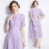 Diynav Dress New Short-Sleeved Lace Dress Women's Long-Singed Flower Hollow Purple High-Waist Aa Skirt Thin