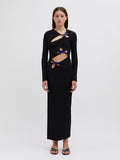 Diynav Women's Sexy Hollow Long-Sleeved Black Dress Metal Decorated Open Forked Ass And Hip Dress