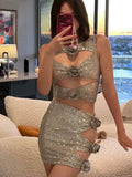 Diynav Women's New Sexy Hollow Tight-Nuffed Ass Flower Decoration Dress Temperament Hot Diamond Dress