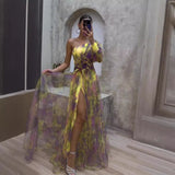 Diynav New Women's Sexy Slant Shoulder Shoulder Long Sleeve Broken Flower Dress Dress High-End Big Swing Flowers
