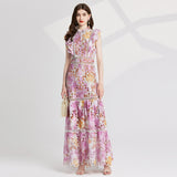 Diynav Asia Holiday Style Color Printing Embroidery Collar Dress Flying Sleeves Loaf Side Waist Dress