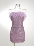 Diynav Cross-Border Women's Sexy Bareback Ostrich Hairy Twilight Dress Temperament Squints