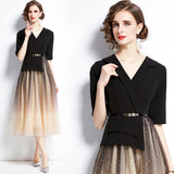 Diynav Dress Famous Temperament Thin Fake Two Suit Mesh Splicing Long Skirt
