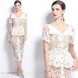 Diynav Niche Temperament Thousands Of Gold Windy Collar Short-Sleeved Lace Waist Dress Dress With Belt