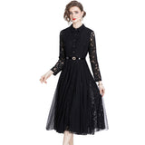 Diynav And Summer New Lapl Collar Heavy Industry Hooks Hollow French Lace Dress Women Feel Large Knee Long Skirt