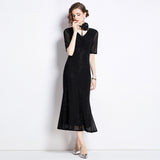 Diynav Industry Hot Diamond Mesh Yarn Designer Temperament Three-Dimensional Flowers V Receive Waist Thin Short Sleeve Dress