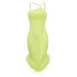Diynav Women's Green French Sling Dress Women's Ostrich Hair Splicing Temperament High-End Thin Sling Skirt