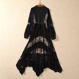 Diynav V-Neck Long-Sleeved Lace Splicing Black Irregular Swing Dress Spring And Summer Women's New 2024