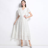 Diynav Hollow Embroidery Hook Lotus Leaf Side Flying Sleeve V Collar Thai Dress Fairy Vacation Lotus Side Dress