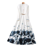 Diynav Long Sleeve Rendering Printed White Long Dress + Belt Women's New 2025