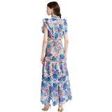Diynav Asia Holiday Style Color Printing Embroidery Collar Dress Flying Sleeves Loaf Side Waist Dress