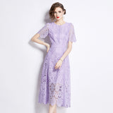 Diynav Dress New Short-Sleeved Lace Dress Women's Long-Singed Flower Hollow Purple High-Waist Aa Skirt Thin