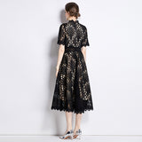 Diynav High-End Lace Splicing Round Collar Dress Women's New Summer Waist Thin Temperament Big Swing Dress Dress
