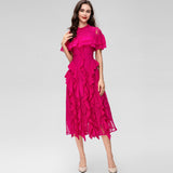 Diynav Collar Short-Sleeved Heavyweight Hook Flower Stacked Lotus Leaf Lace Blue Dress Women's New Spring And Summer 2025