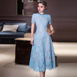Diynav Industry Drill Round Lace Hook Flower Big Swing Waist Red Blue Short-Sleeved Dress Spring And Summer Women's Dress 2025