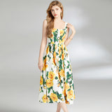 Diynav Dress 2024 Summer Vacation House Cotton Yellow Rose Print Big Swing Princess Fairy Mid-Long Dress