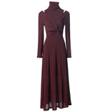 Diynav High-Collar Sexy Open Shoulder Long Sleeves Open Fork And Bottom Dress Women's New European 2025 Spring