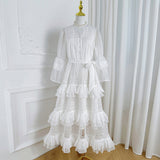 Diynav Retro Court Hollow Lace Splicing Horn Sleeve Dress Female Waist Temperament Over Knee Cake Long Skirt